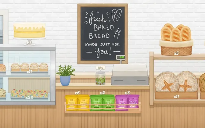 Schermata di Baker Business 3: scaffali di una panetteria con pane e lavagna del giorno