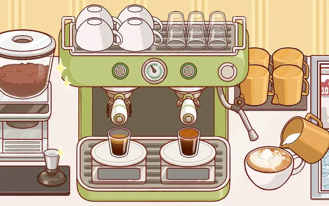 Schermata di Buon Caff&egrave;, Gran Caff&egrave;: macchina per espresso e tazze sul bancone
