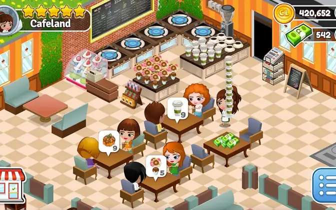 Schermata di Cafeland: sala del ristorante vista dall&rsquo;alto con clienti ai tavoli