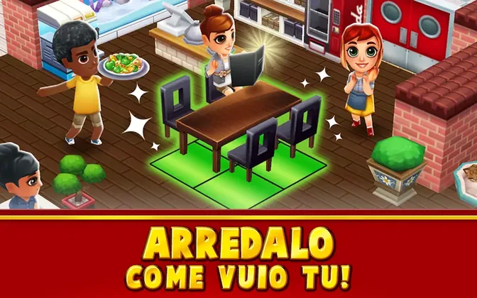 Schermata di Food Street: interno di un ristorante da arredare con tavoli e piante
