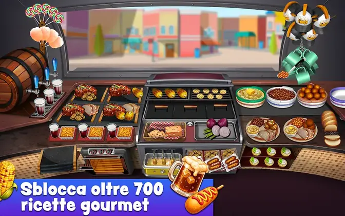 Schermata di Food Truck Chef: piani di cottura di un furgone con pietanze in preparazione