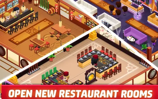 Schermata di Idle Restaurant Tycoon: due sale di ristorante affiancate con personale al lavoro