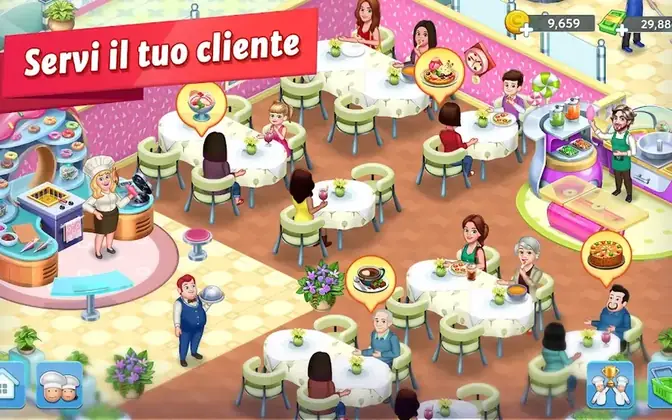 Schermata di Star Chef 2: sala del ristorante con tavoli apparecchiati e clienti serviti